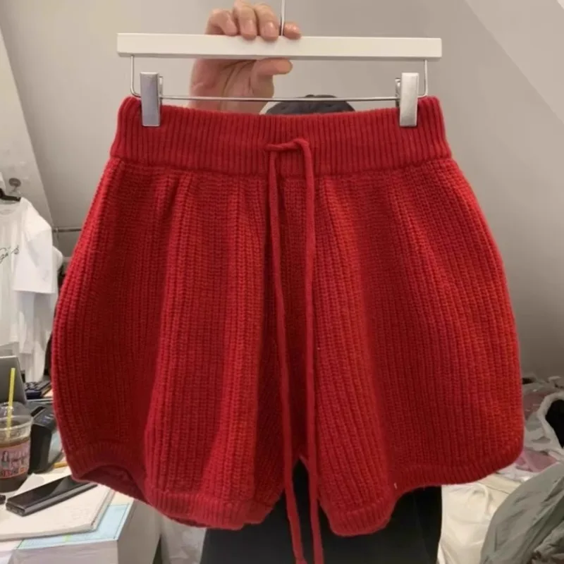 

Spring Autumn New Red Knitted Shorts for Women Y2k Elastic Waist Lace Up Short Pants 2025 Loose Straight Wide Leg Shorts