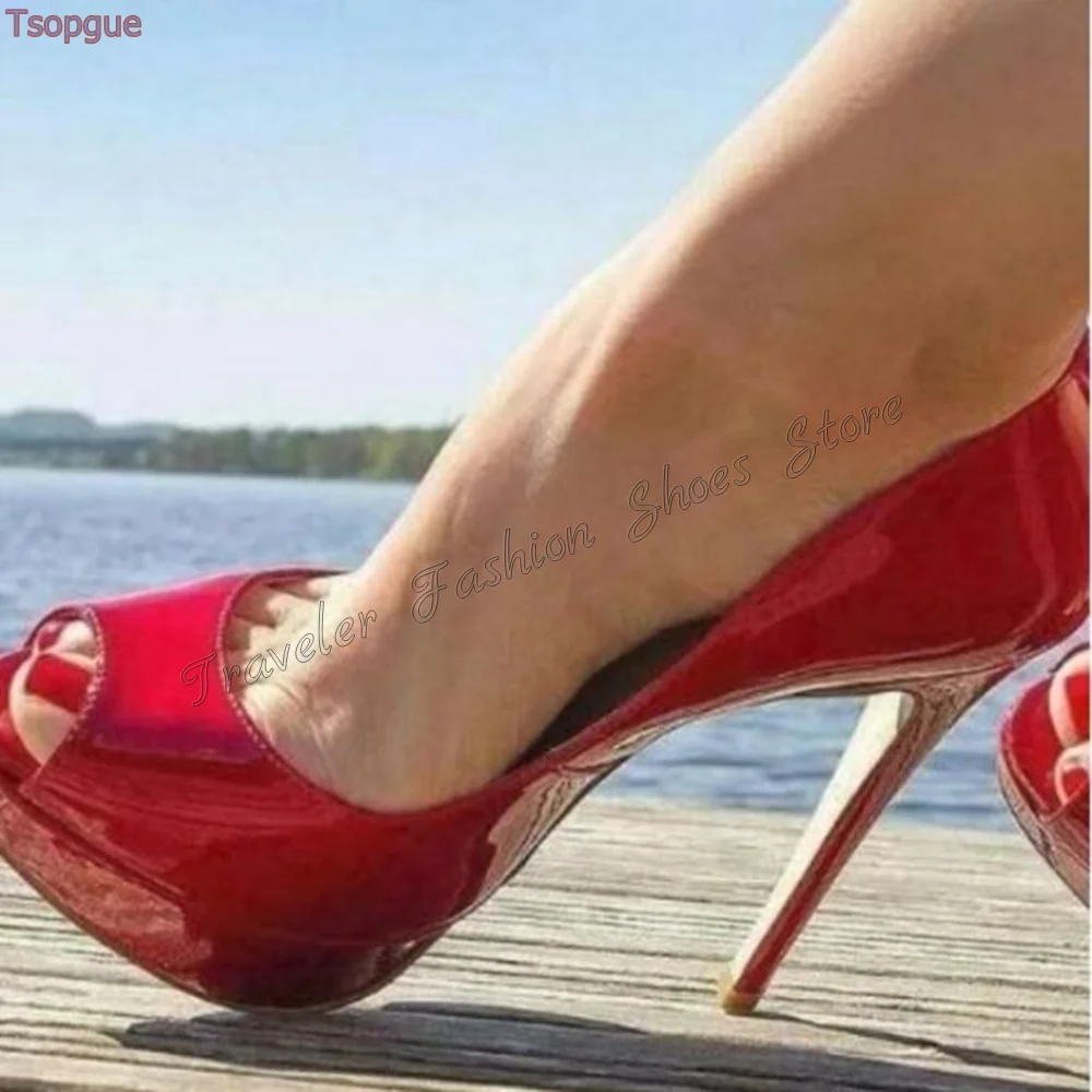 Red Peep Toe Slip on Pumps Stilettos High Heels Patent leather High Heel Shoes for Women Heels 2024 New Zapatos Para Mujere