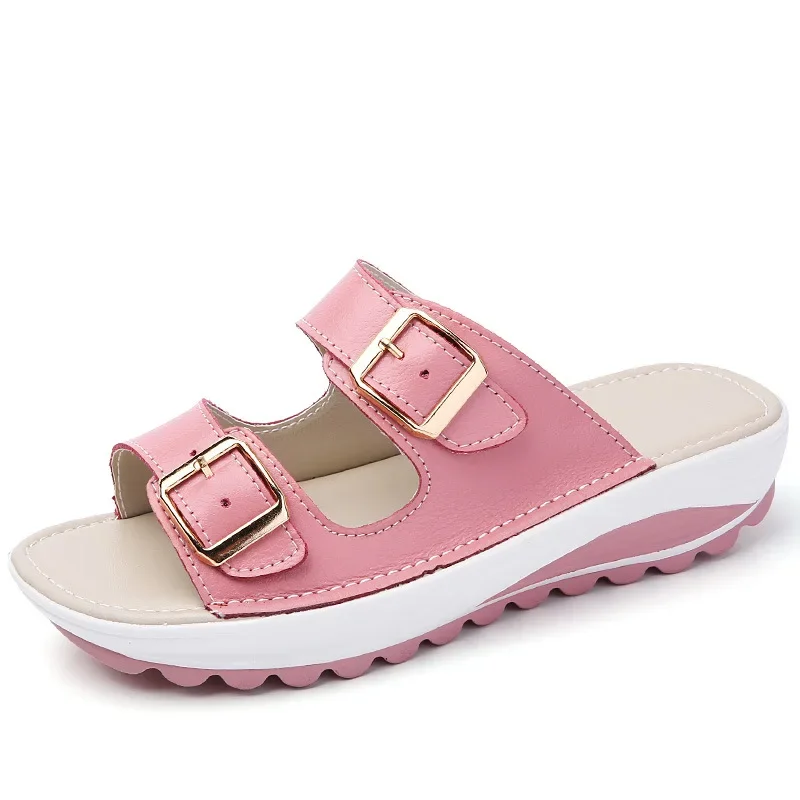 Comemore Buckle Leather Slides Shoes Solid Thick Sole Heels Beach Sandals Women Outside Flip Flops Summer 2023 Woman Slippers 42