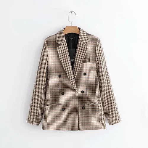 Imagen 2 del producto Otoño primavera nuevo Blazer a cuadros chaqueta mujer Oficina señora 5 colores doble botonadura cuello con muescas abrigo señoras prendas de vestir exteriores elegante