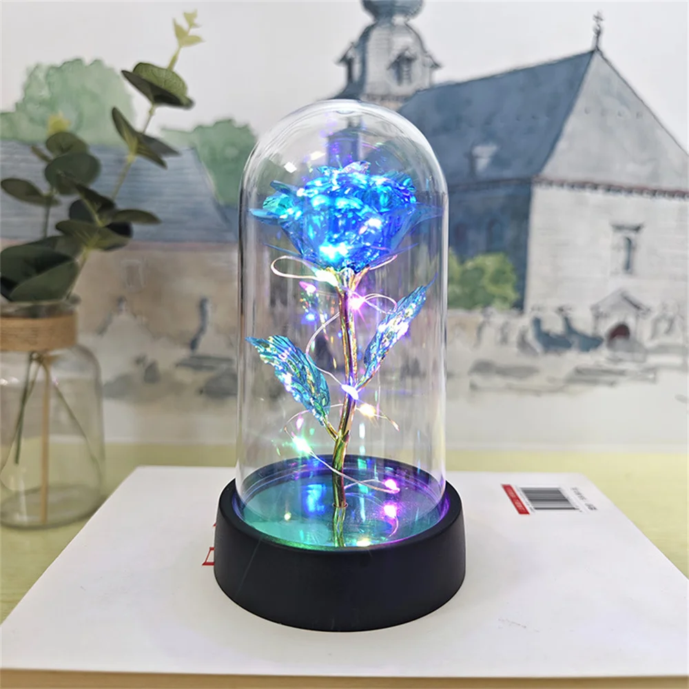 Führte Valentinstag Geschenk für Freundin ewige Rose Licht 24 Karat Goldfolie Blume in Glas abdeckung Muttertag Hochzeit Brautjungfer Geschenk