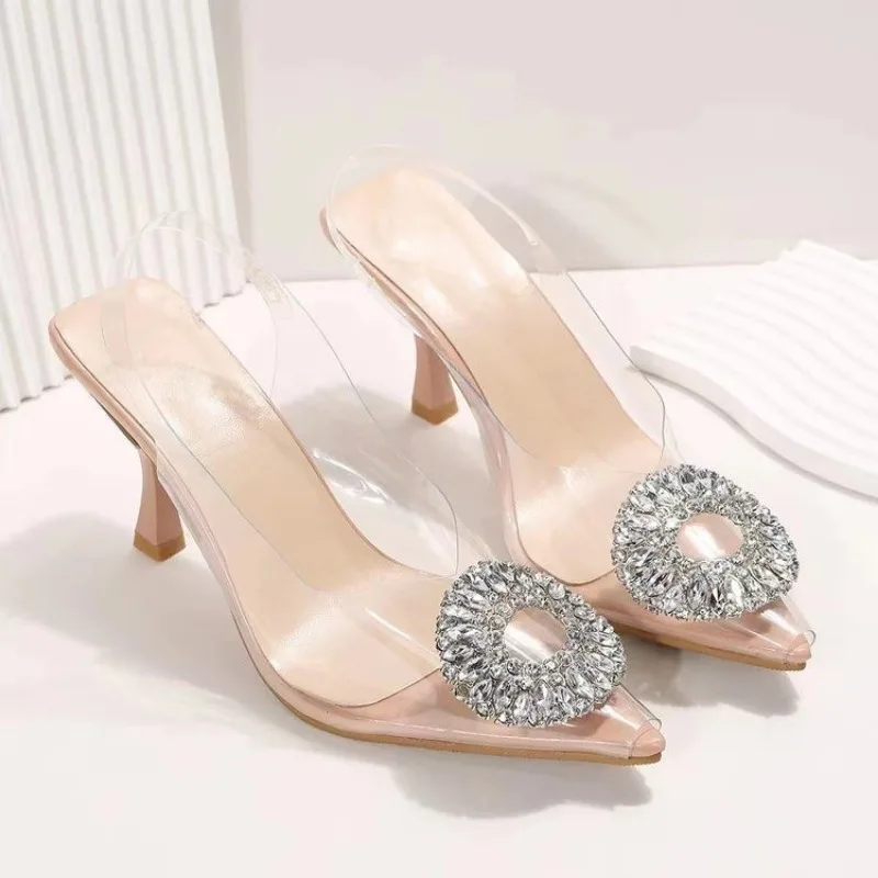 Luxury Brand Women High Heels Rhinestone Fashion Sandals 2023 Summer Transparent Shoes Ladies Pumps Slingbacks Plus Size 42