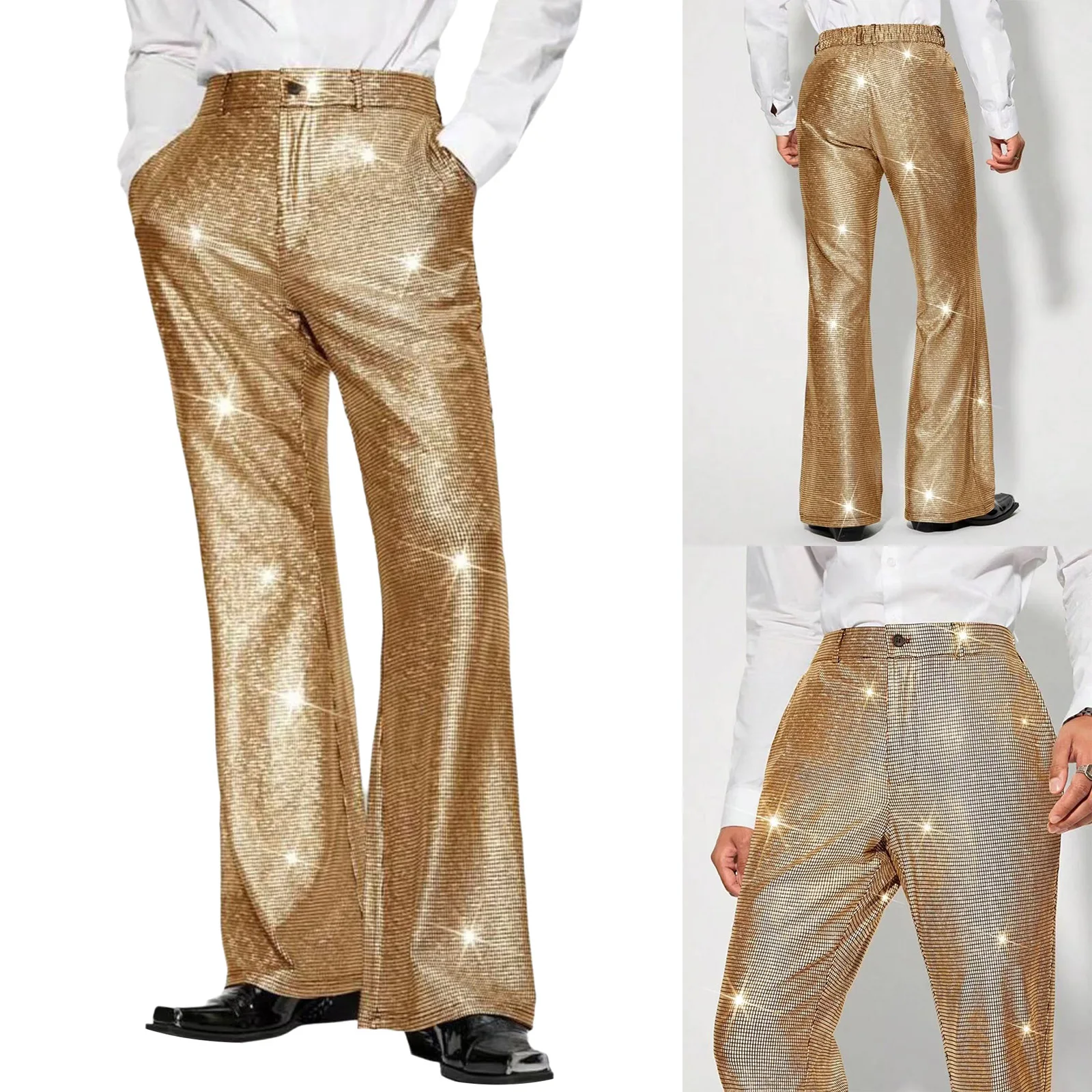 

Men Fashion Disco Club Shiny Pants Sequin Elastic Waistband Flared Wide Leg Trousers for 70s 80s Disco Jazz Party Dance Pants