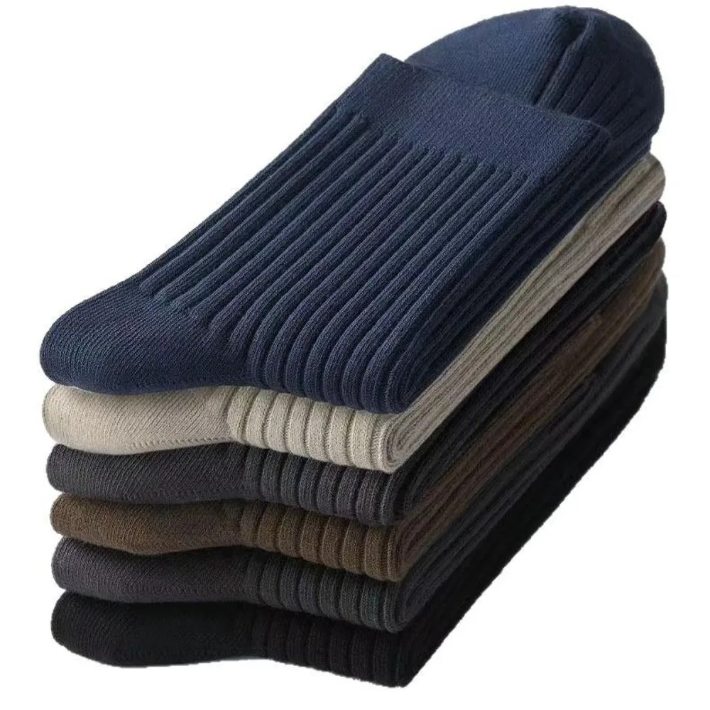 

5Pair New Solid Color Men Socks Breathable Sweat Absorbing Mid Tube Socks Striped Odor Proof Mid-calf Socks All Seasons