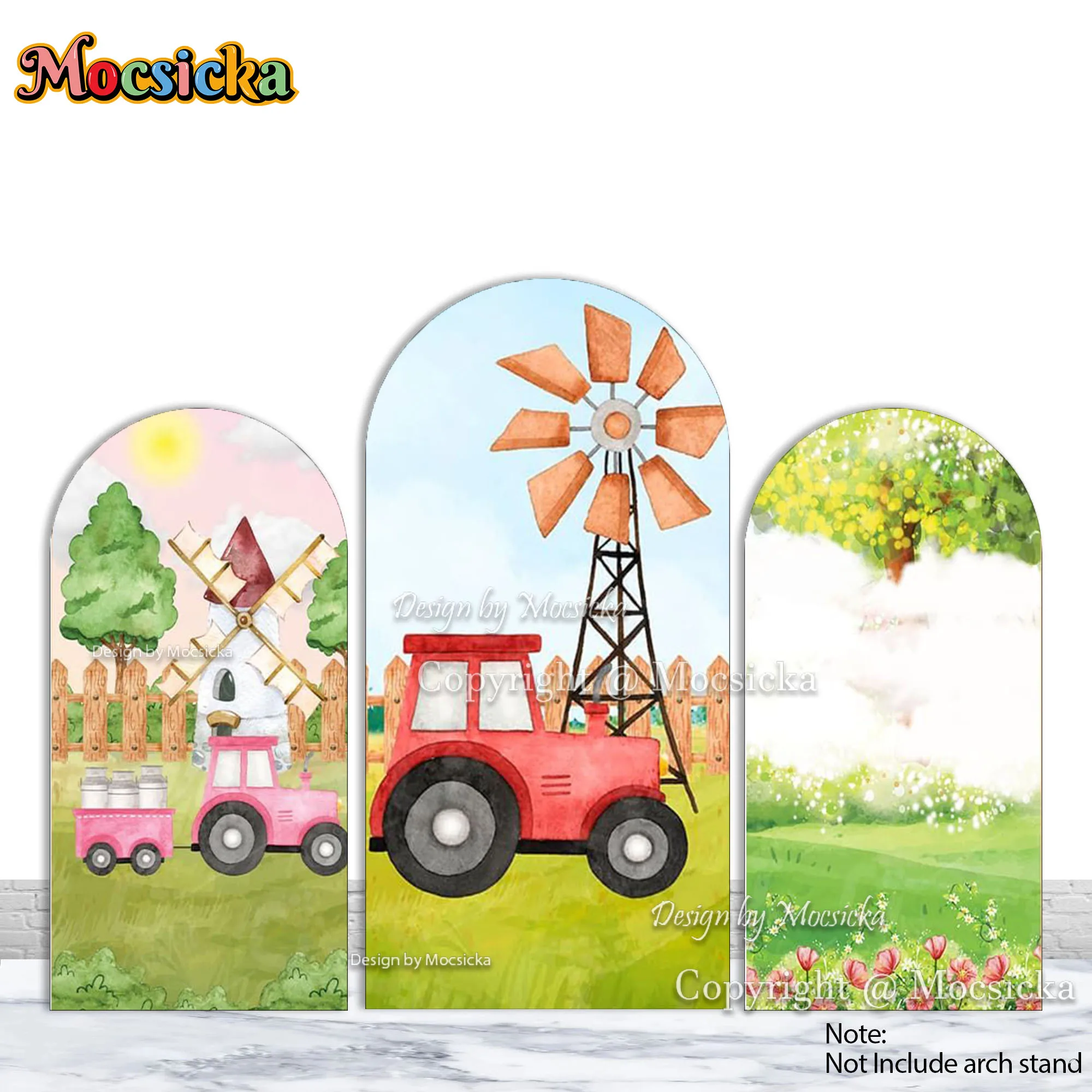 Mocsicka Farm Themed Party Arch Backdrop Cover Red tractor Windmill Green Grassland Background Boy Girl Birthday Photobooth Prop