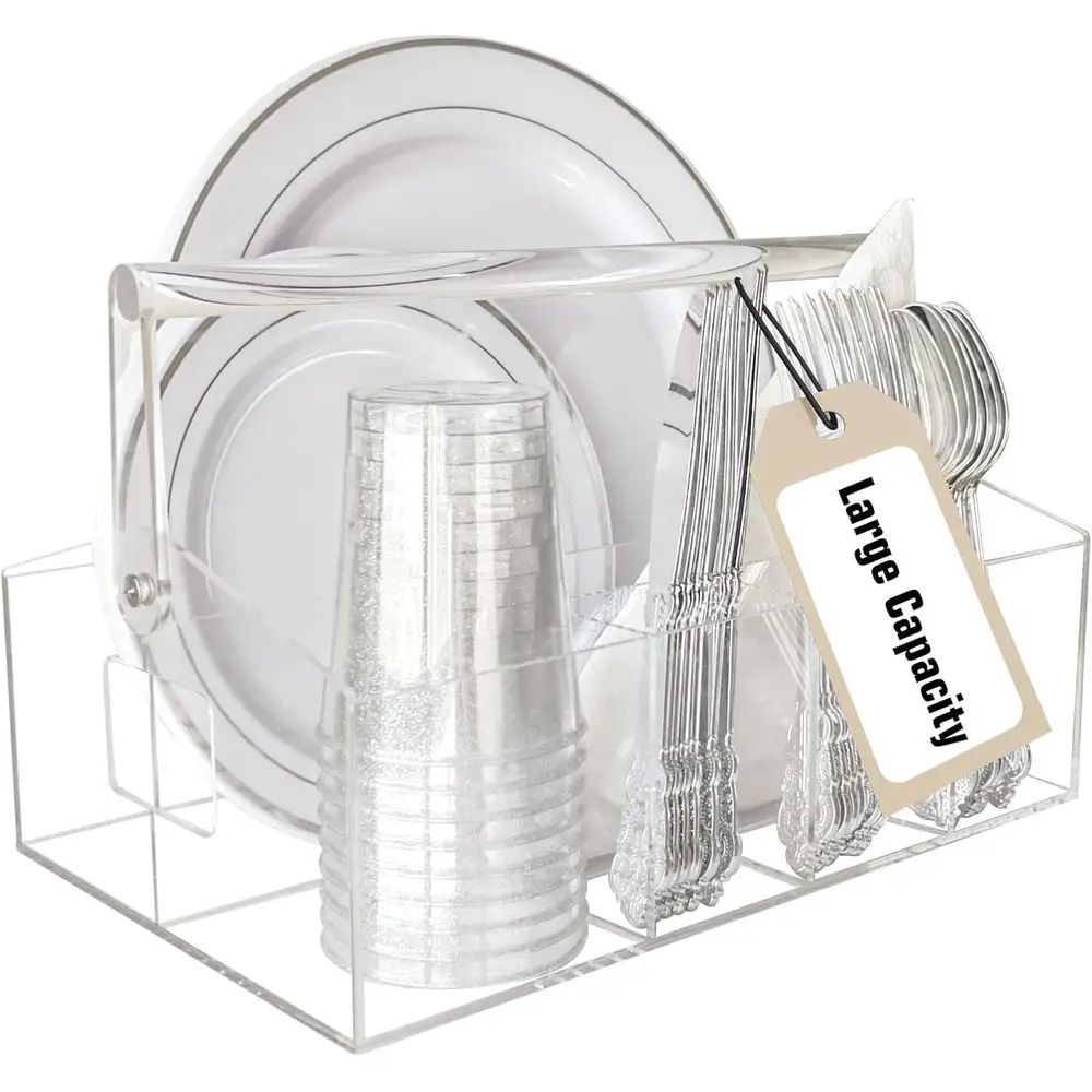 

6-секционный акриловый держатель для столовых приборов с ручкой для одноразовых тарелок, органайзер для столового серебра для крупных встреч и на открытом воздухе