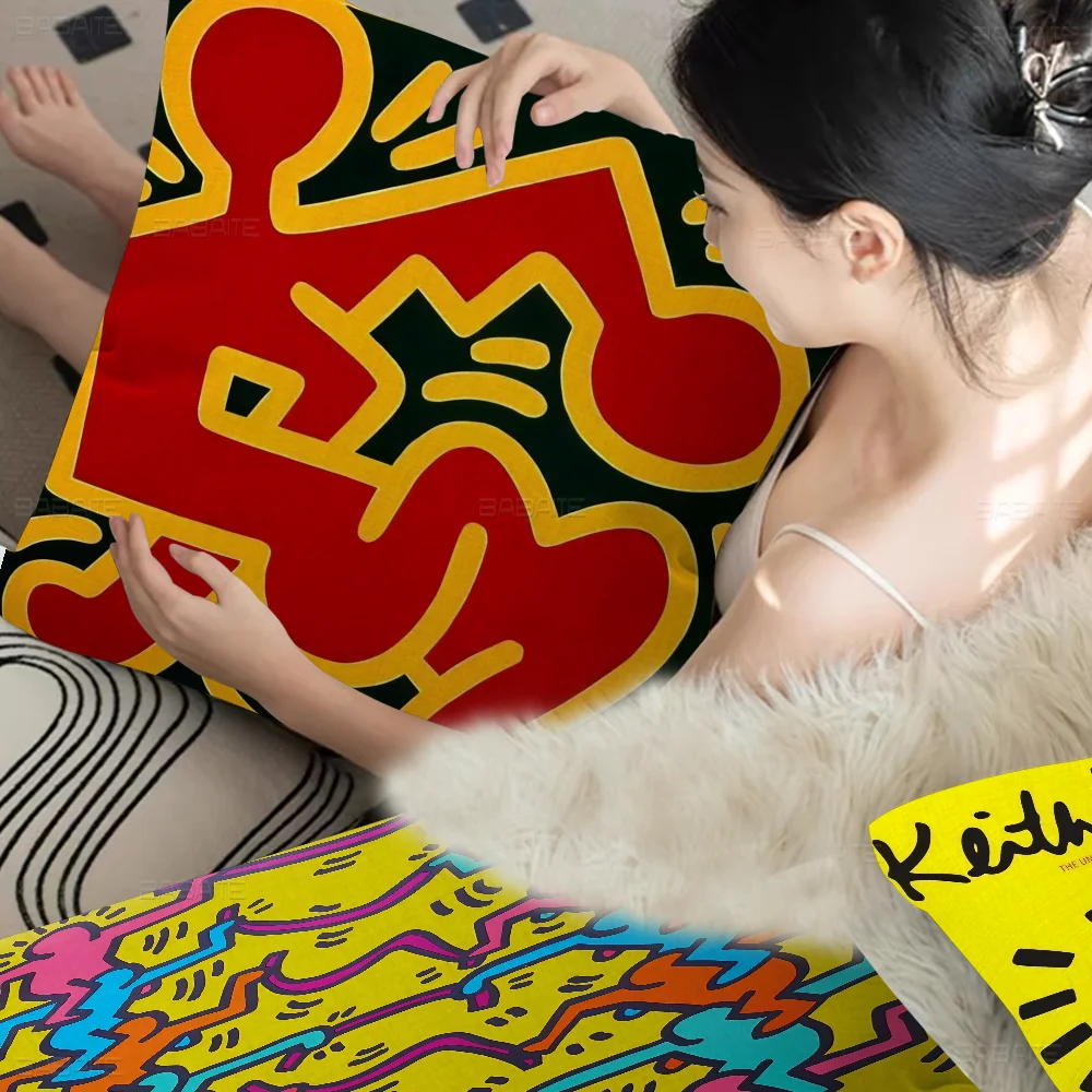 K-Keith-H-Haring-Works-Colorful-Print Pillow Covers Cartoon Sofa Decorative Home Double-sided Plush Cute Cushion Cover