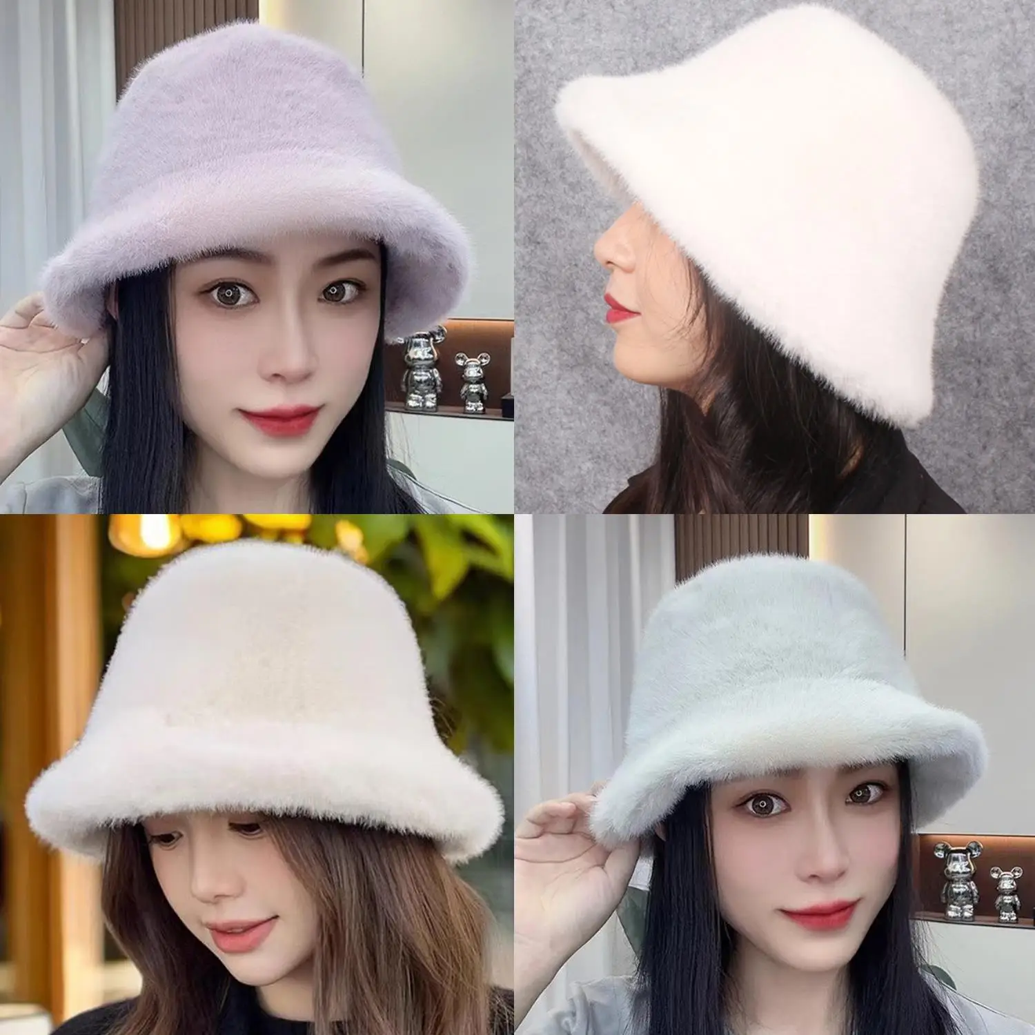 

New Fluffy Faux Fur Bucket Hats Warm Thick Plush Hat Lady Fashion Fisherman Cap Korean Furry Bucket Hat Women Girl Autumn Winter