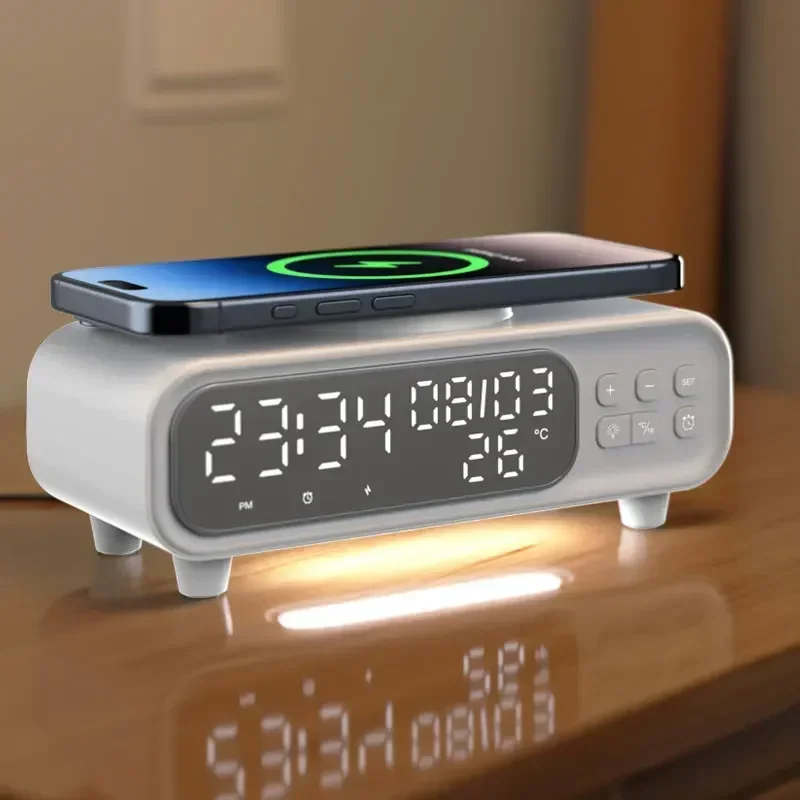

Wireless Charger Time Alarm Clock LED Night Light Thermometer Earphone Phone Chargers Fast Charging Dock Station For iPhone 16