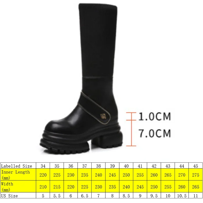 Fujin 8cm New Sock Genuine Leather Stretch Fabric Booties Block Knee High Boots Women Platform Wedge Fashion Autumn Spring Shoes