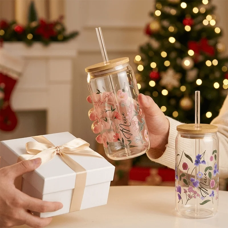 Custom Floral Glass Can Cup Personalized 16oz Iced Coffee Cup with Bamboo Lid Straw Christmas Holiday Gift for Women Friends