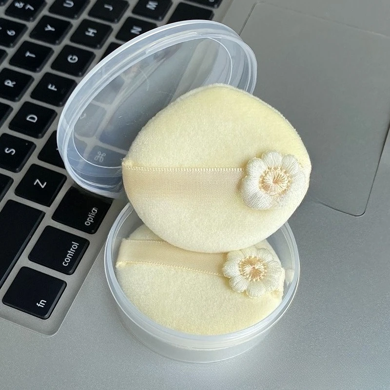 Embroidered Yellow Flower Velvet Powder Puff Face Cosmetic Eye Beauty Makeup Tool Reusable Sponge Washable Mini Powder Puff Tool