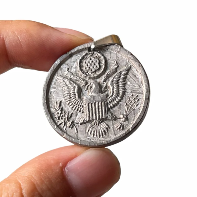 Natural Muonionalusta Iron Meteorite Round Pendant Eagle Carved Pattern Polished Collectible Jewelry Necklace Gift LK349