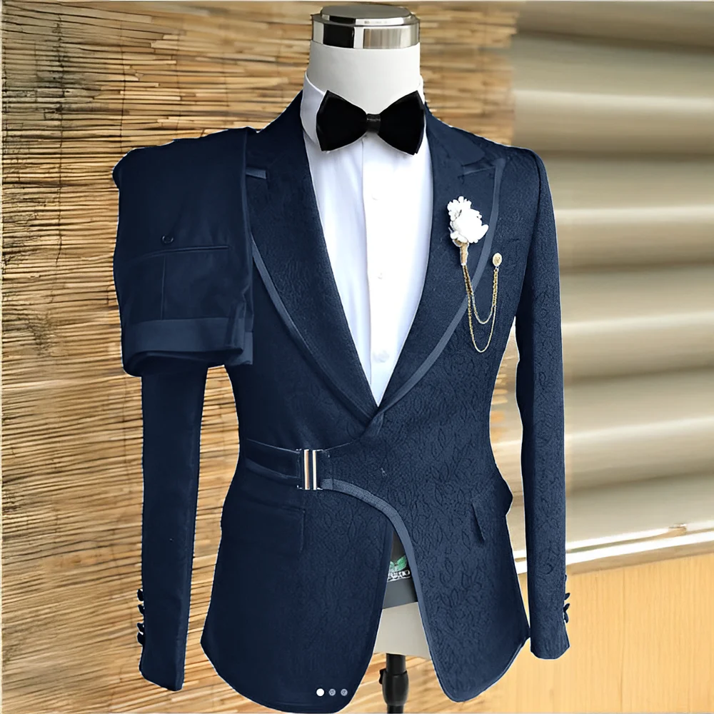 Jacquard Men's Suit 2 Piece Set Formal Wedding Groom Tuxedo High Quality Jacket Pants Party Evening Outfit Men