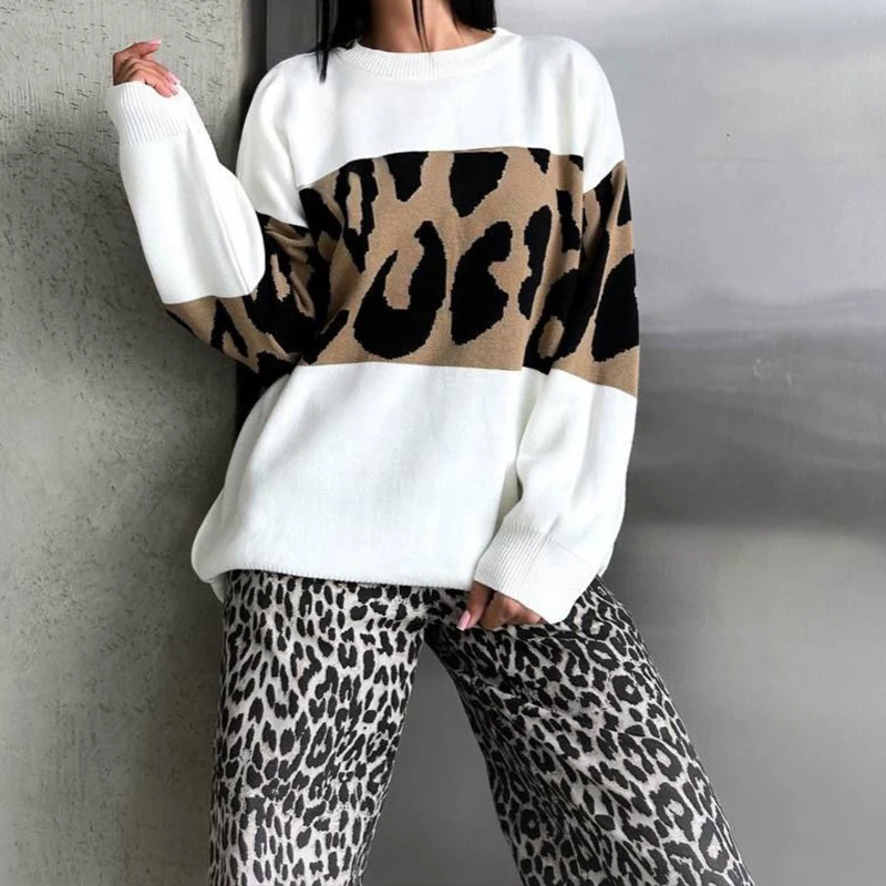 BKLD-Conjunto de Otoño Invierno para mujer, Tops Vintage de leopardo contrastante, jersey holgado con cuello redondo, suéteres informales gruesos y cálidos