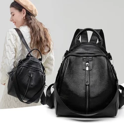 Mochila negra de piel auténtica para mujer, pequeño y bonito bolso de viaje, diseño de lujo a la moda, 2024