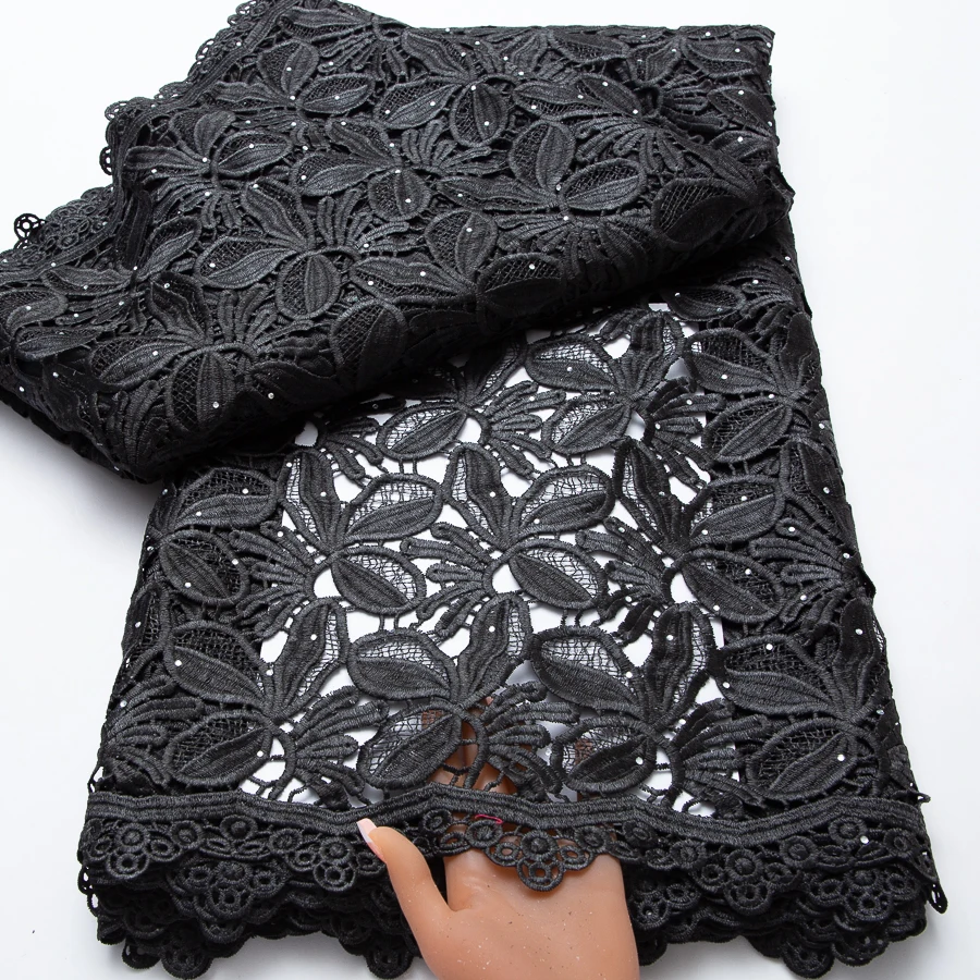 Black Nigerian Cord Guipure Lace Fabric 2026 High Quality 5 Yards Knitted African Water Soluble Lace Fabric for Dress Sewing