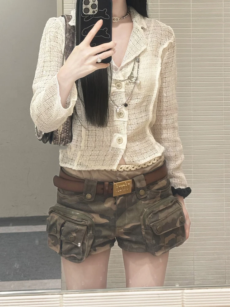 

Women 2025 Summer New Slim Fit Jeans Y2k Heavy Pocket Design Sense Short Pants American Style Retro Camouflage Shorts