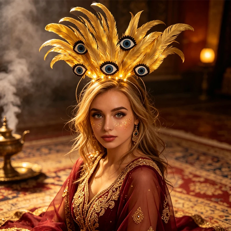Ethereal Goddess Eye Crown, Gilded Feather Halo Headpiece with Evil Eye Rhinestones, LED Warm Glow Adjustable, Halloween Prop