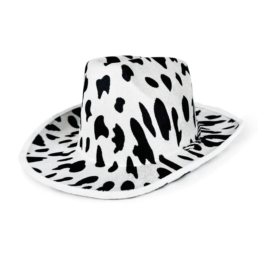Fashion Cow Printed Bowler Hat Leopard Printed Windproof Western Cowboy Hat Adjustable Drawstring Cowgirl Hat Prom