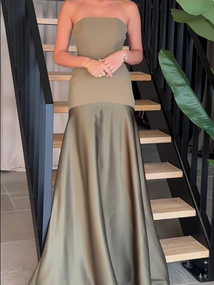 2025年新作夏セクシーレディースドレス　おしゃれな宴会用ストラップレスサテンノースリーブパッチワーク無地上品ワンピース