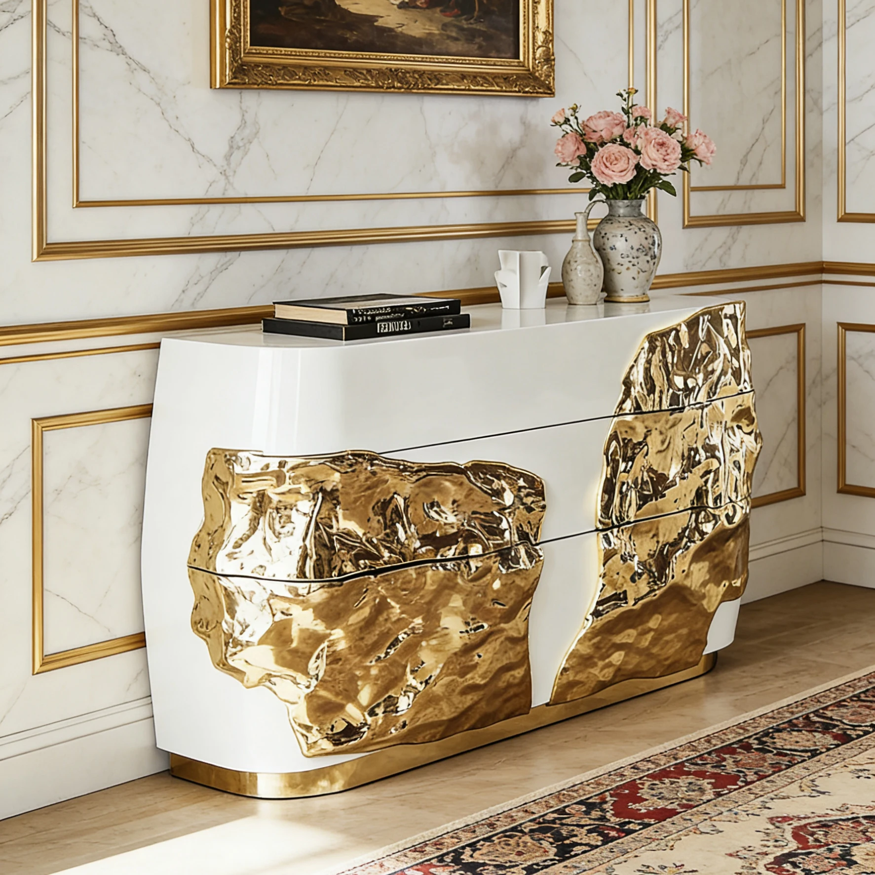 Customizable Color & Size White & Gold  Artistic Living Room Cabinet Irregular Gilded Texture Console Table