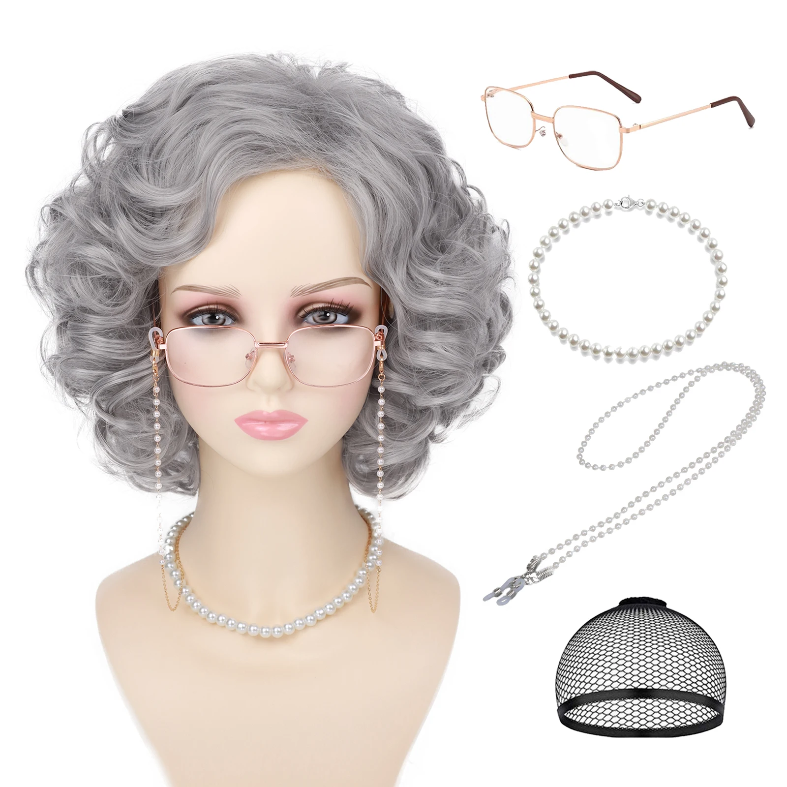 Synthetic Hair 5PC Accessories Old Lady Women Wig Short Curly Gray Granny Machine Made Cosplay Costume Halloween Party Daily Use