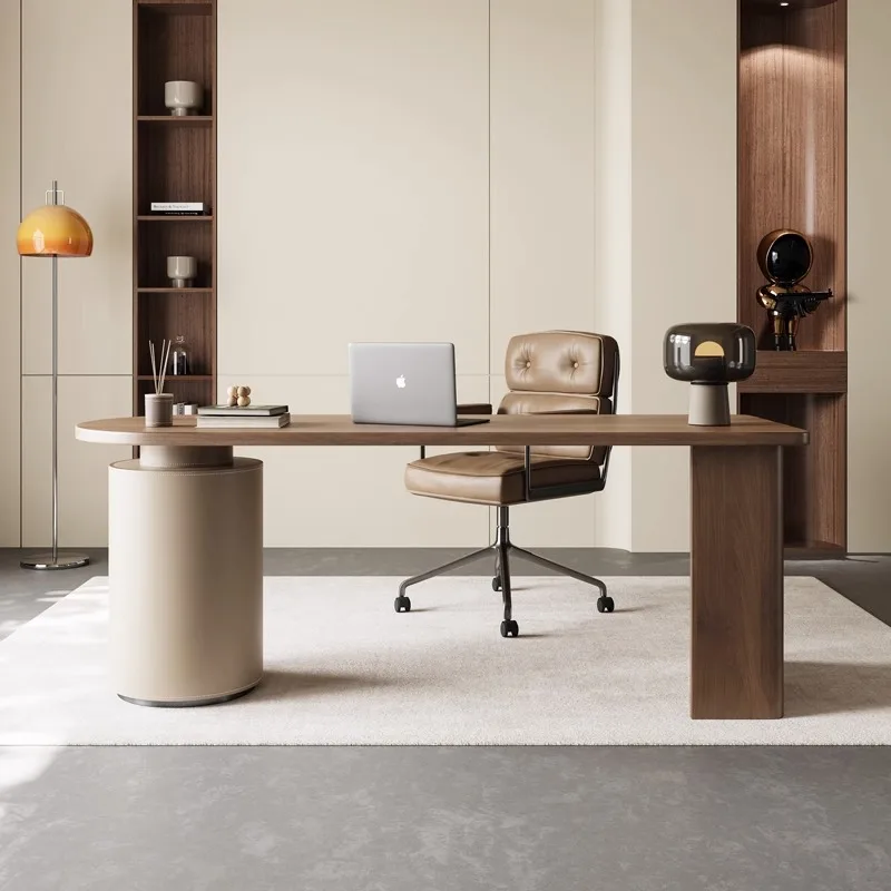 French retro style book desk and chair combination walnut solid wood with cabinet Italian minimalist light luxury study desk com