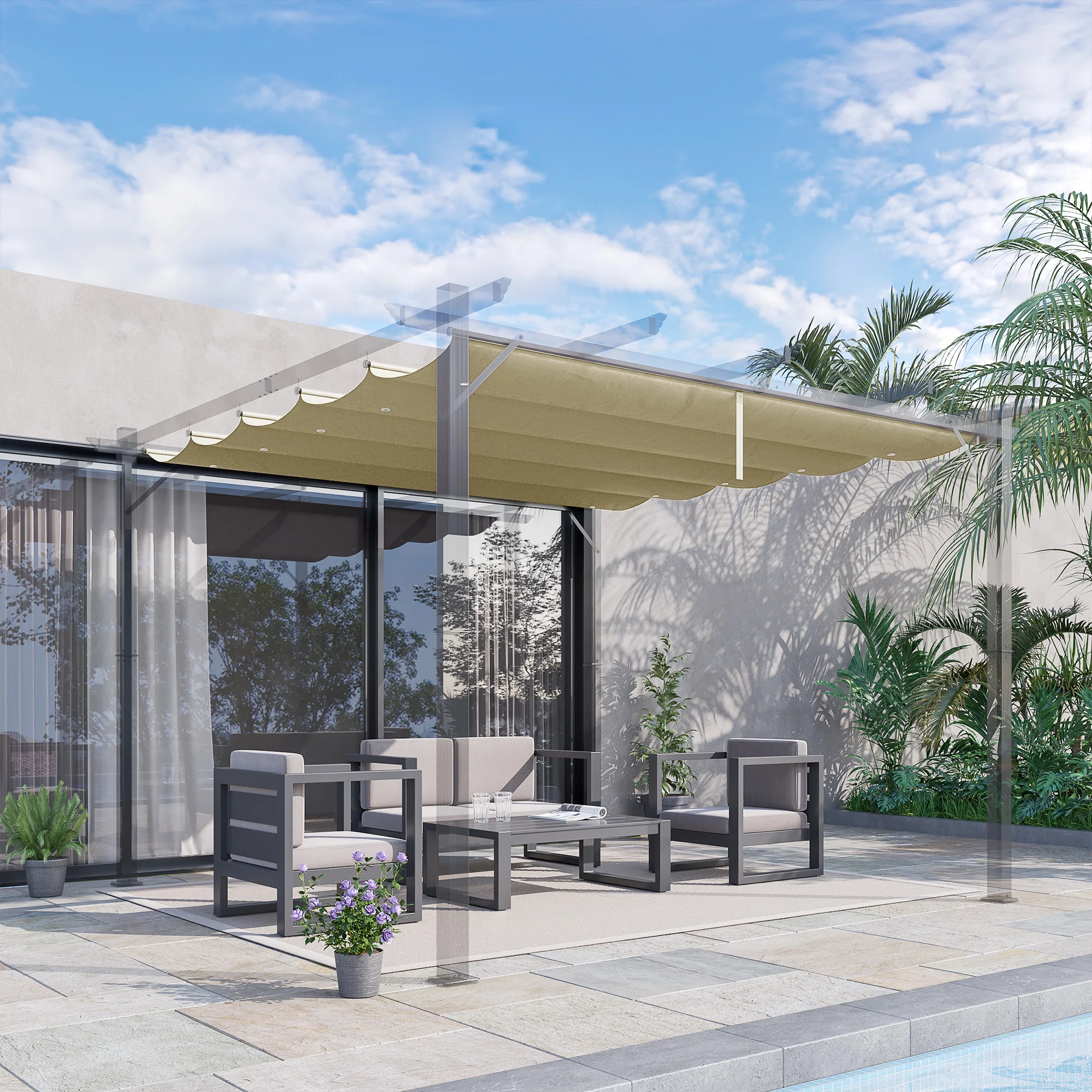 Toldo Retráctil Impermeable Outsunny de 3x3m, Cubierta de Pérgola Beige con Orificios de Drenaje para Lluvia