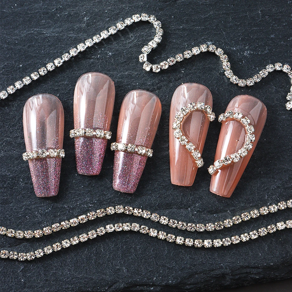 1 حزمة طويلة فاخرة تألق سلسلة مسمار الملحقات سلسلة معدنية فضية مع زخارف الماس DIY بها بنفسك رسومات أظافر الديكور