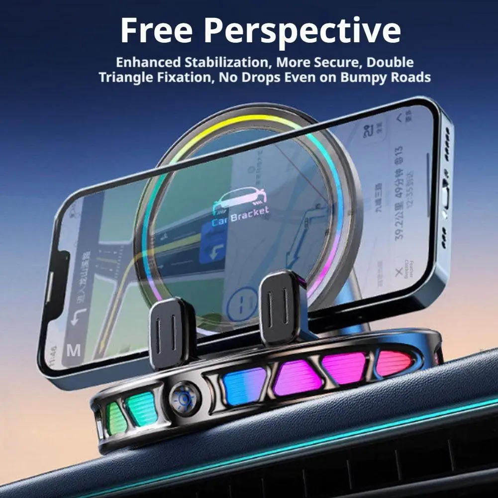 RGB Ambient Colorful Light Car Wireless Charger Dashboard Auto-Clamping Magnetic Phone Holder Car Wireless Charger Stand
