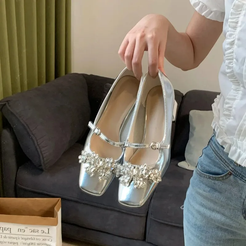 French Rhinestone Premium Sense One Word with Mary Jane Shoes Women's Square Head Thick Heel Medium Heel Light Mouth SingleShoes