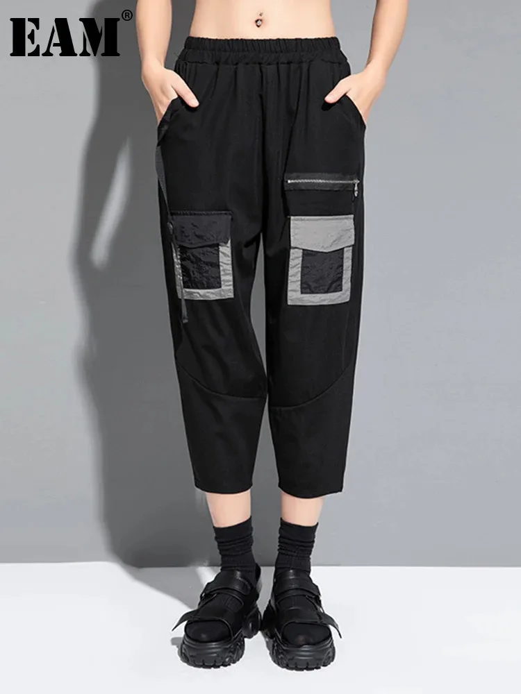 [EAM] High Elastic Waist Black Color-block Pocket Harem Calf-Length Pants New Trousers Women Fashion Spring Summer 2024  1DH5941