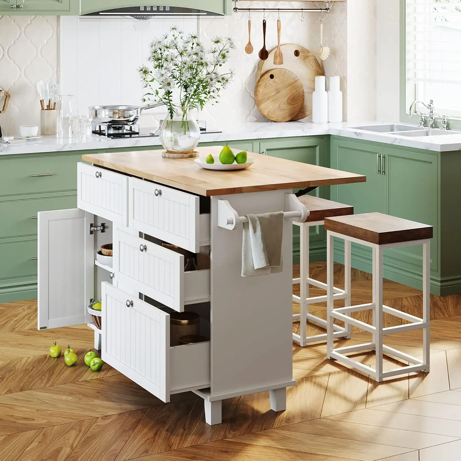 Kitchen Island Set with 2 Stools, Solid Wood Dining Table with Drop Leaf Design, Storage Cabinet