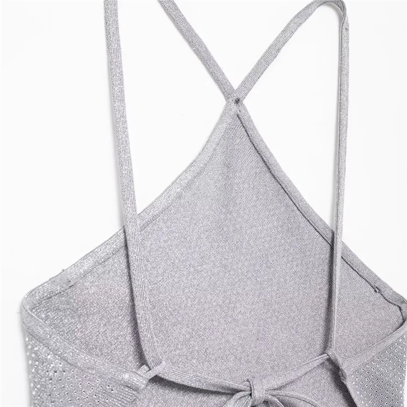 TRAF 2024 Halter Neck Knitted Top Women Summer Off Shoulder Crop Tops Woman Tied Backless Sexy Top Daring Party Tank Top Female