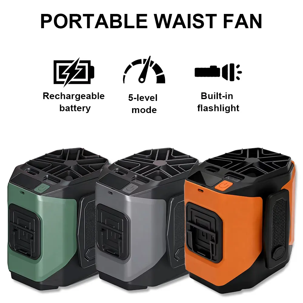 

Portable Waist Fan Clip On, 10000mAh MAX 40H Work Time, with Light, Powerful 5 Speed Cooling Fans