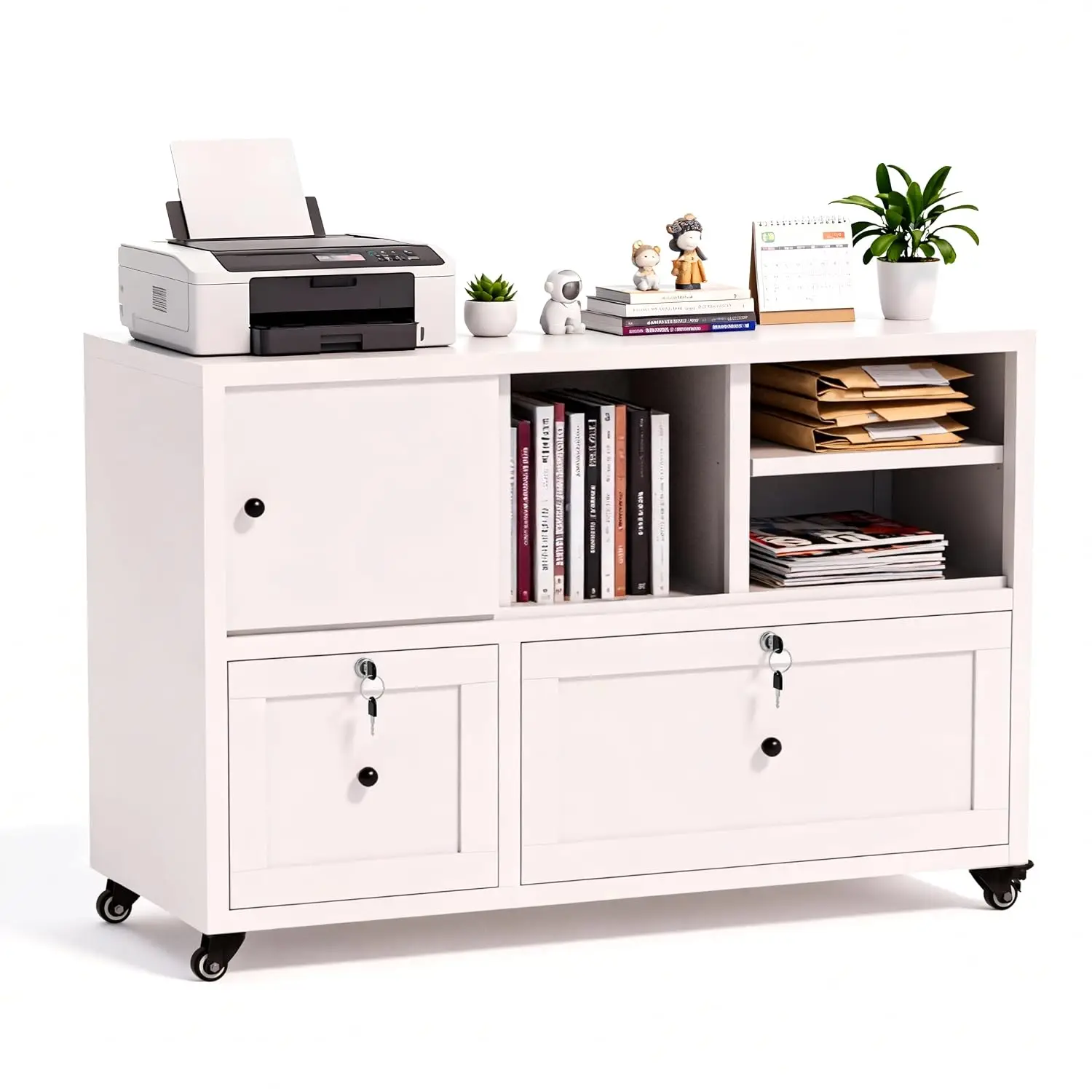 2 Drawer Mobile File Cabinet with Lock,Metal Lateral Filing Cabinet with Shelves,Printer Stand with Storage