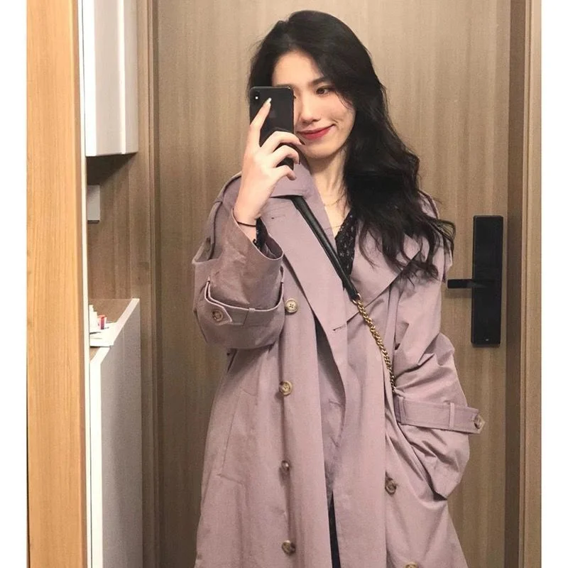 

plus Size Women's Windbreaker Jaet Briti Sle Mid-Length Coat Spring Autumn Casual Loose Fit Button Detail Long Sve