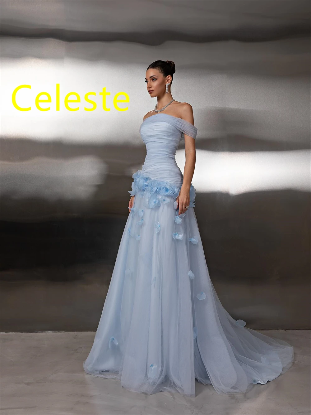 

Customized Charming Blue Tulle Evening Dress Exquisite Off the Shoulder Homecoming Dresses Temperament Special Occasion Gowns