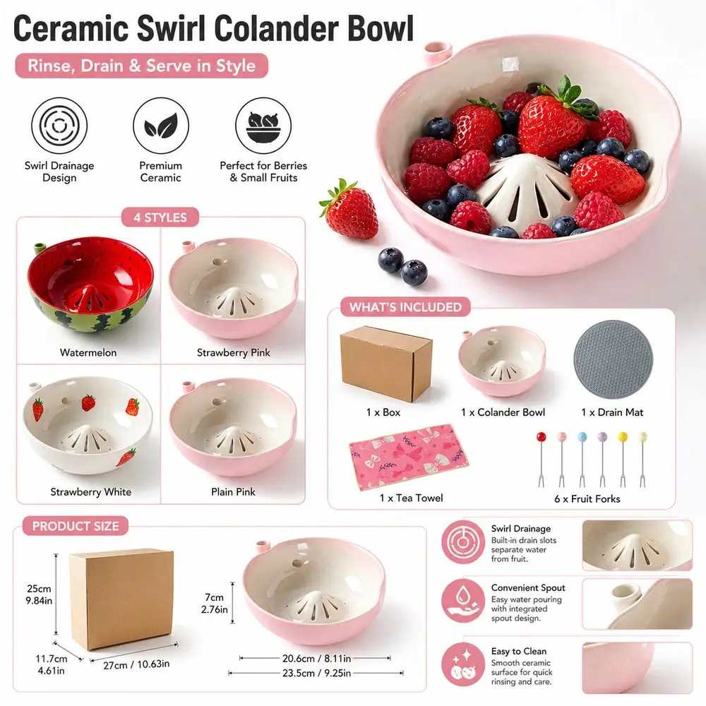 Gifts Ceramic Swirl Colander Bowl Built-In Drain Slots Rinse Fruit Bowl Water Inlet Drain Spout Berry Bowl Berry Serving