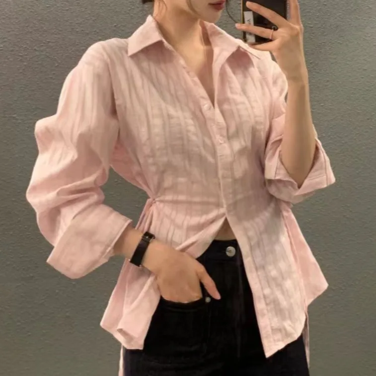 Slim Fit rayé longue Sve irt femmes Chic automne Design Sense cravate Ne boutonné minceur irt défaut trajet