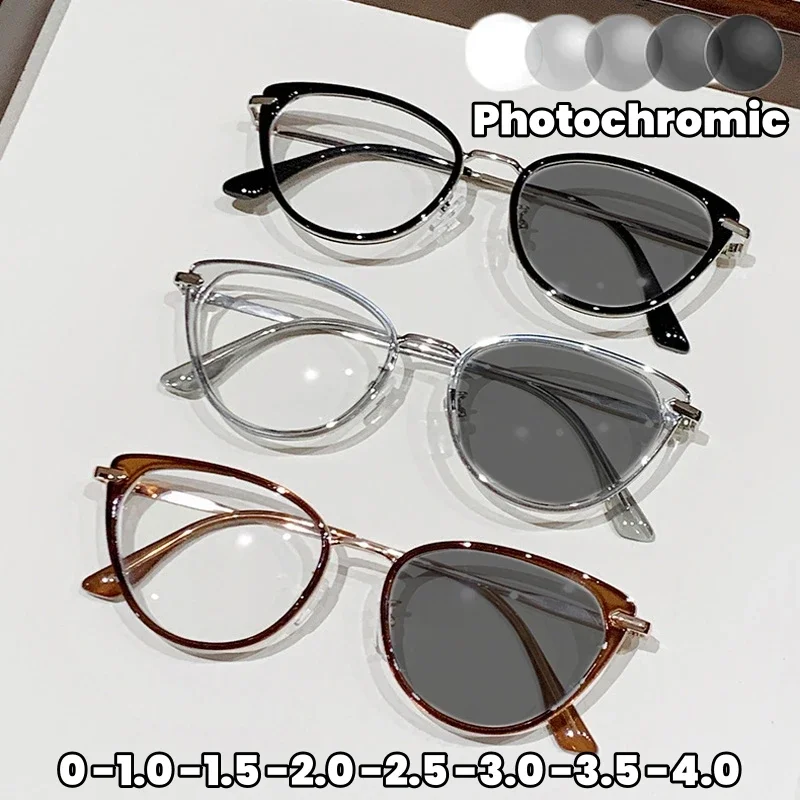 

2025 Fashion Anti-blue Light Cat Eye Photochromic Glasses Retro Myopia Glasses HD Women Nearsighted Eyeglasses Unisex Diopter