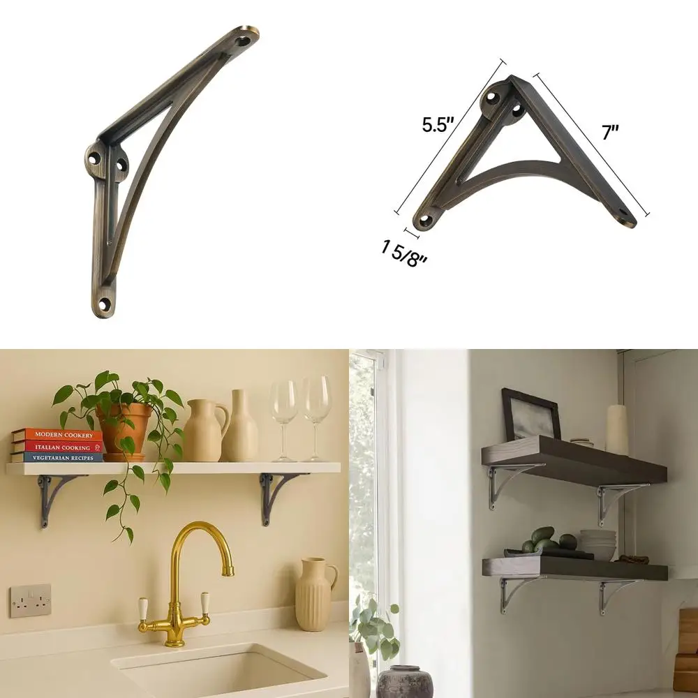 دعامات أرفف مزخرفة من النحاس الصلب، مثبتة على الحائط مقاس 7 بوصات، عبوتان من النحاس العتيق المصقول، طراز عتيق لديكور المنزل