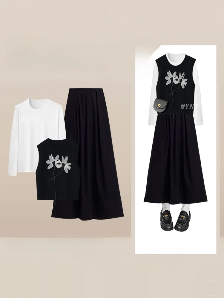 

Комплект из 3 предметов Hebe Sle Bla с жилетом с 3D цветочным принтом, футболка Salt System, осенне-зимняя юбка Bla, женская мода