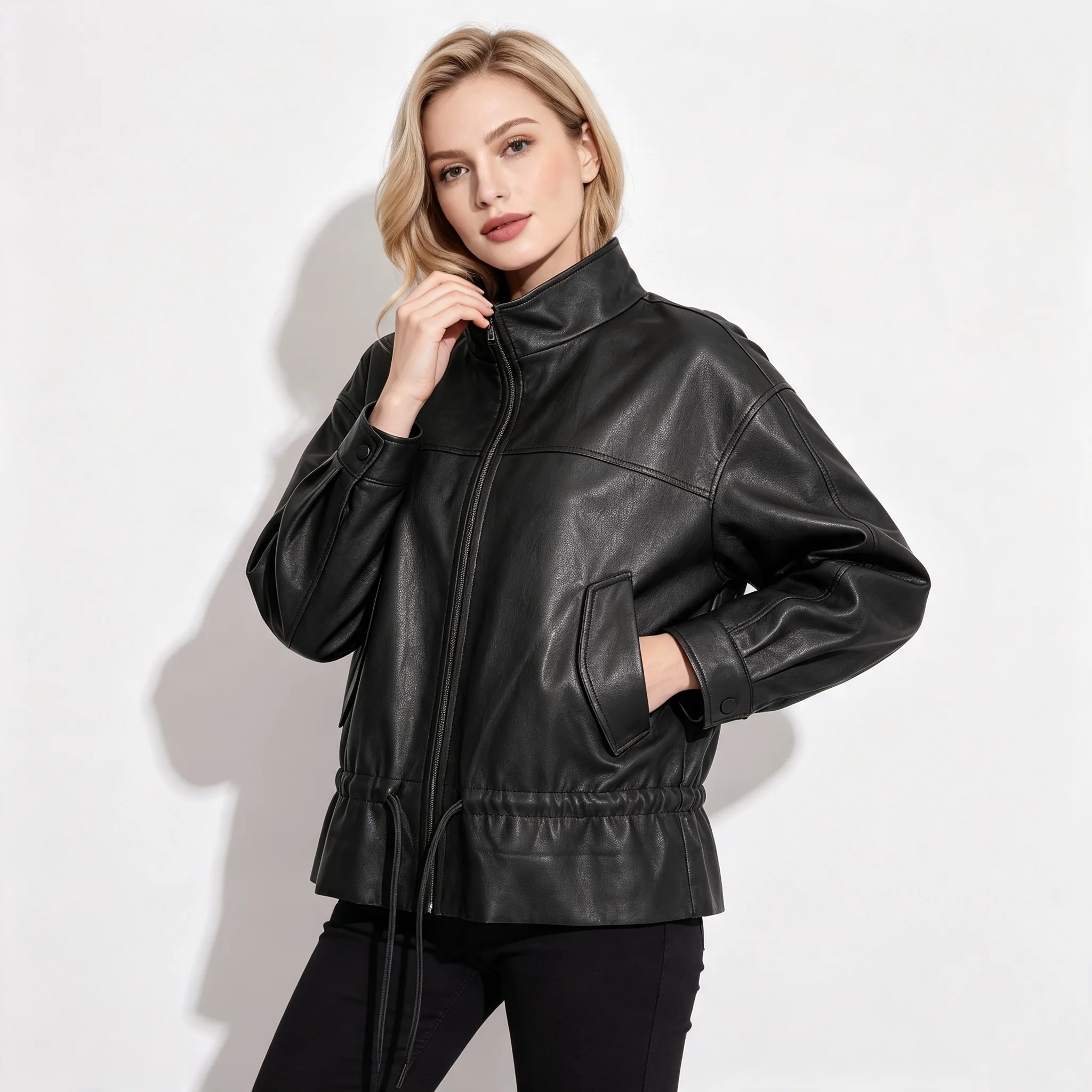 PUAL Women Stand Collar Faux Leather Jacket, Zip Up Oversized PU Coat, Drawstring Hem Casual Outerwear