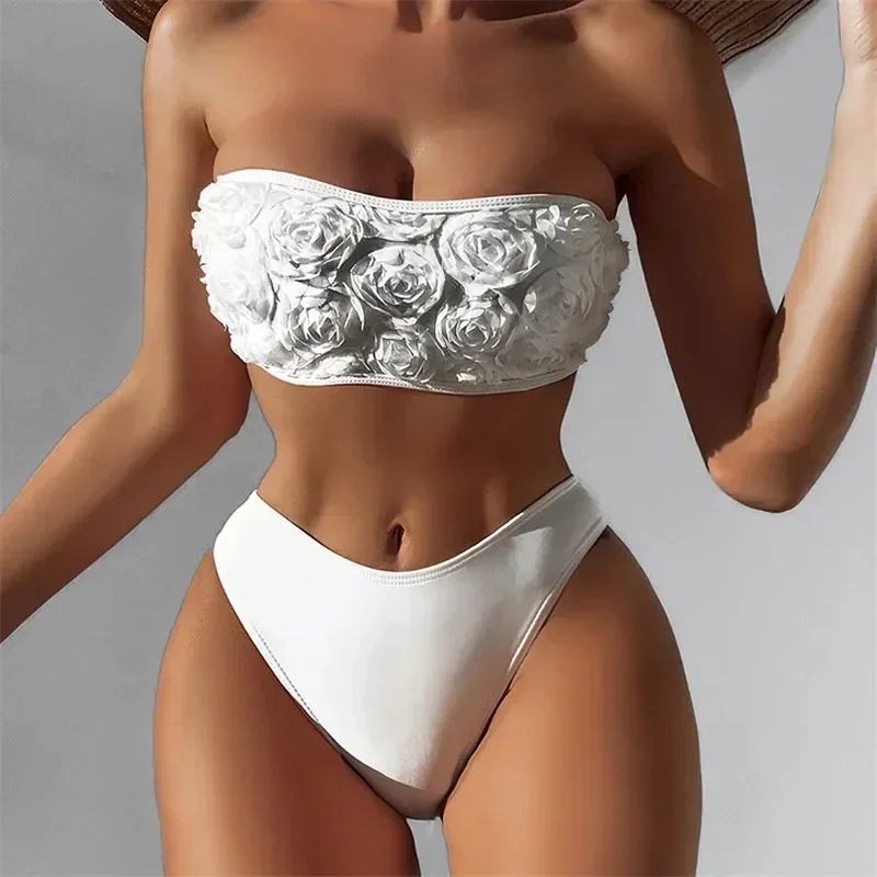 Sexy 3d flor branco bandeau bikini cintura alta banho 2024 mulheres push up maiôs maiô conjuntos de biquinis de mujer banhistas