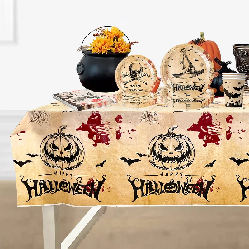 1/10/20pcs Halloween Party Disposable Tableware Pumpkin Paper Plate Ghost Pattern Cup Cutlery Set Cloth Flag Decoration Supplies