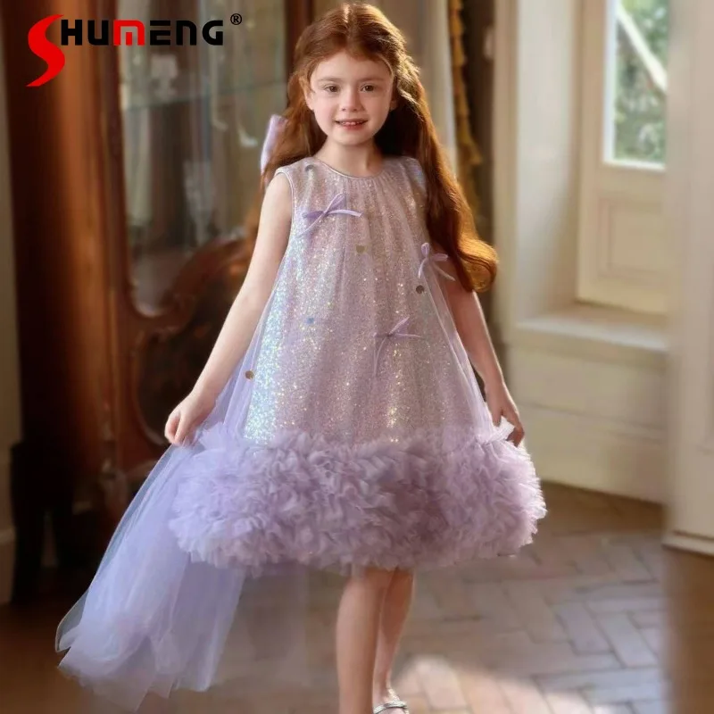 

Новое летнее платье для девочек 2026 года без рукавов с пайетками, супер-сказочное платье-майка, детское праздничное платье принцессы с большим бантом на день рождения