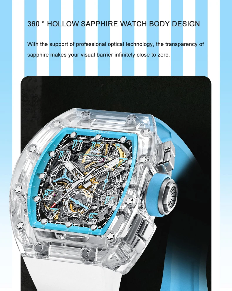 CRONUSART Мужские часы-хронограф 50 мм Механические наручные часы Tonneau Сапфировый корпус Светящийся ремешок из фторкаучука Большие тройные окна