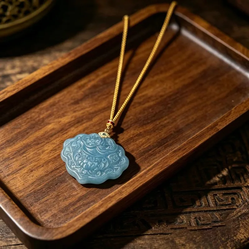 Natural Real Emerald Blue Water Lotus Ruyi Lock Pendant Myanmar Jadeite Necklace Jewelry Charm Designer Luxury Vintage Women